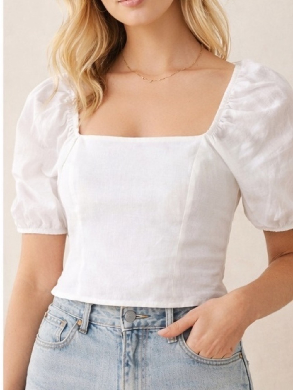 Rachel Zoe 100% linen cropped puff sleeve top